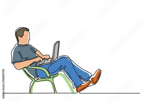 continuous line sitting working on laptop computer colored - PNG image with transparent background © OneLineStock