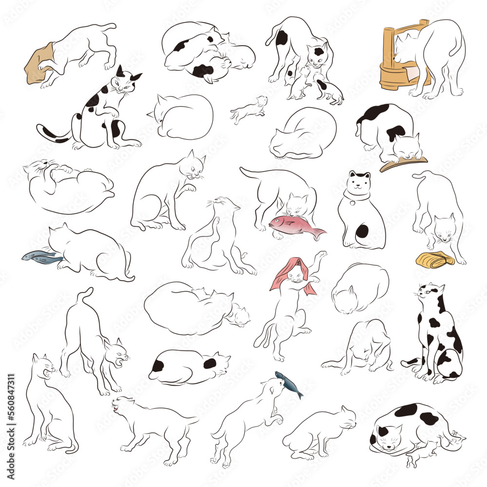 日本の様々な仕草をする猫のイラスト。Illustrations of cats making various Japanese gestures. 日本の様々な仕草をする猫のイラスト。Illustrations of cats making various Japanese gestures.