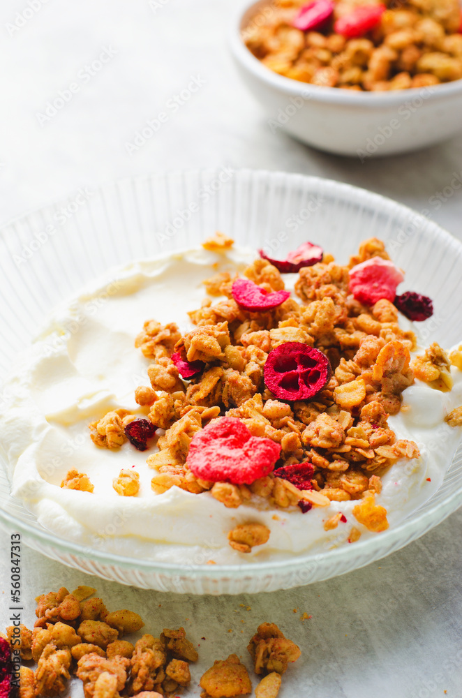 Granola with Yogurt in a Boal, Healthy Breakfast, Muesli with Dried Berries on Bright Concrete Background Granola with Yogurt in a Boal, Healthy Breakfast, Muesli with Dried Berries on Bright Concrete Background