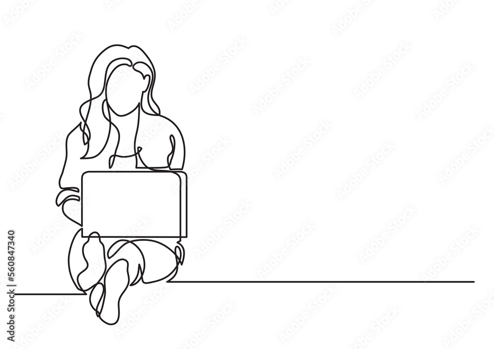 one line drawing woman sitting with laptop computer - PNG image with transparent background one line drawing woman sitting with laptop computer - PNG image with transparent background