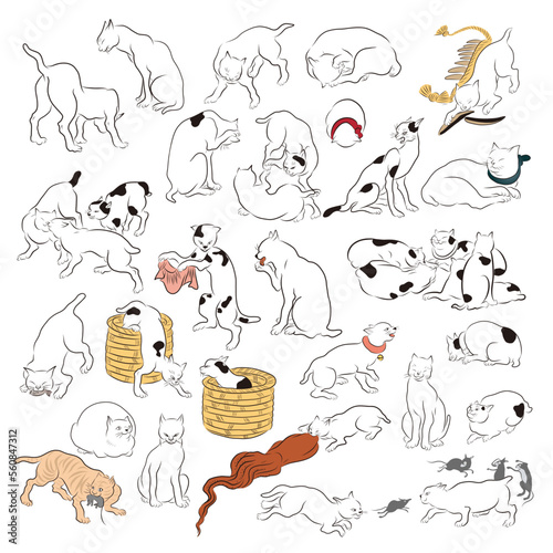 日本の様々な仕草をする猫のイラスト。Illustrations of cats making various Japanese gestures.