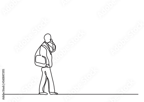 single line drawing man walking talking on cell phone - PNG image with transparent background