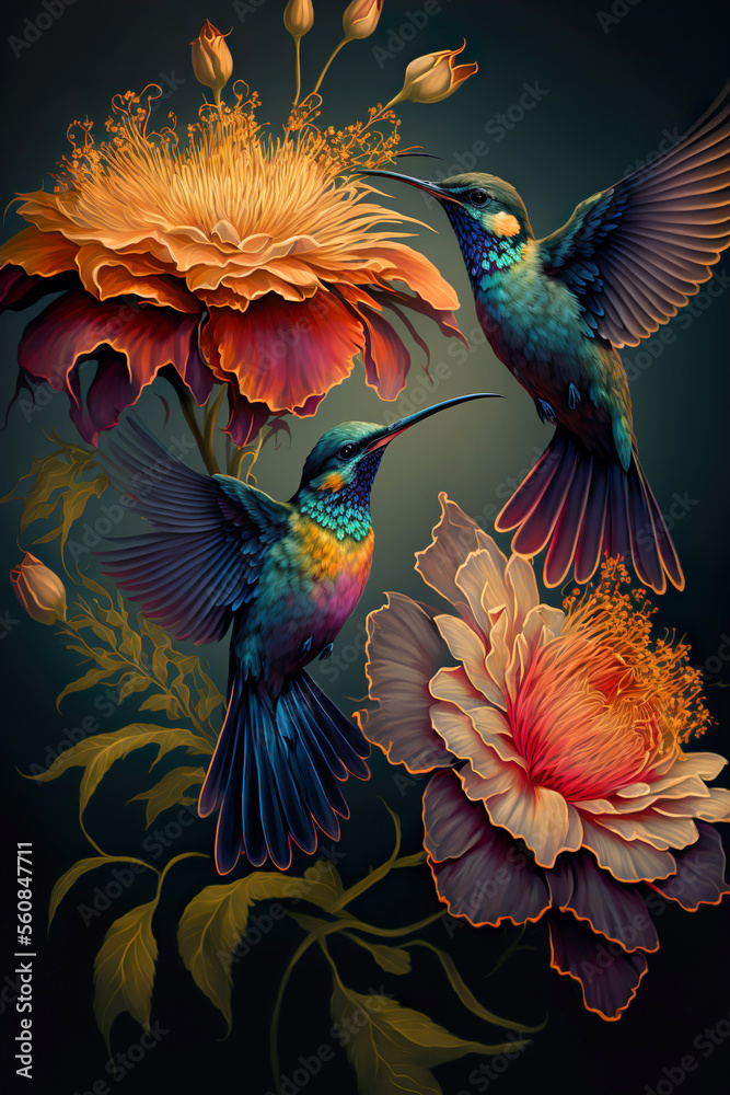 Fantasy Bird on flowers, hummingbird, Luxury wallpaper, poster, AI illustration.