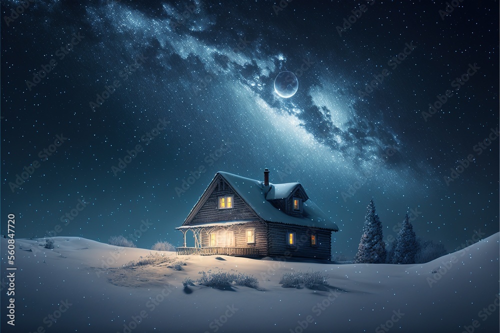 house in the snow at night, glowing milky way in starry sky, generative ai 