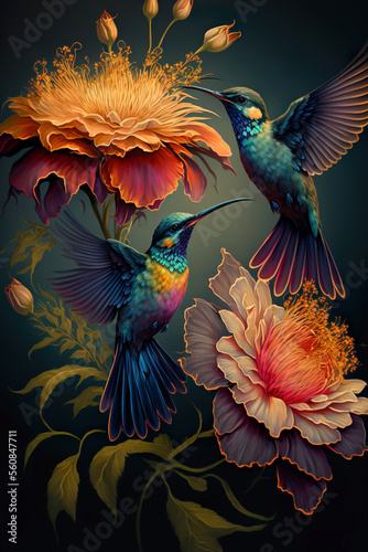 Fantasy Bird on flowers  hummingbird  Luxury wallpaper  poster  AI illustration.