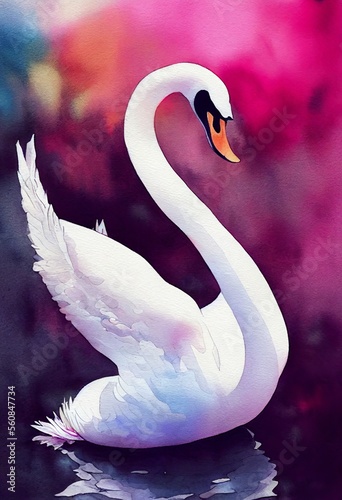 Fototapeta Naklejka Na Ścianę i Meble -  Funny adorable portrait headshot of cute swan bird. North American flying animal standing facing front. Looking to camera. Watercolor imitation illustration. AI generated vertical artistic poster.