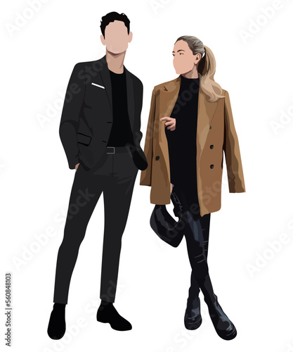 Fashionable and stylish young couple in flat style isolated on white background. Beautiful guy and girl in warm clothes.