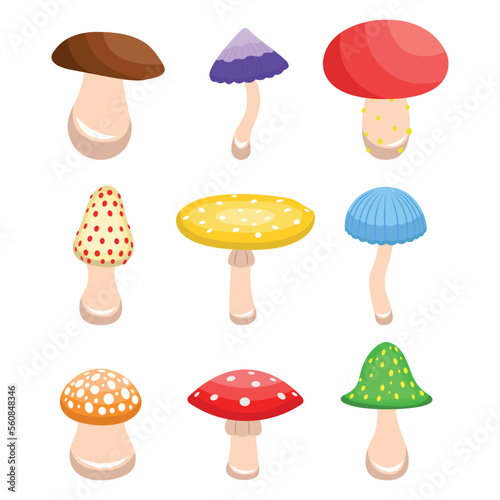 Set of edible and poisonous mushrooms in cartoon style. Vector illustration of colored various mushrooms isolated on white background.
