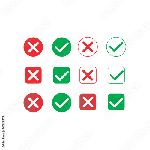 Check mark icon set.  Accepted or rejected, true or false, right or wrong signs , yes or no icons.