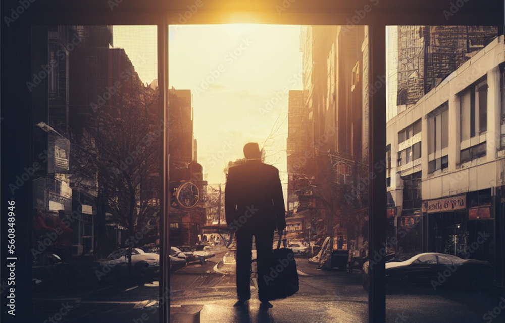 Successful silhouette in office near window. Silhouette..