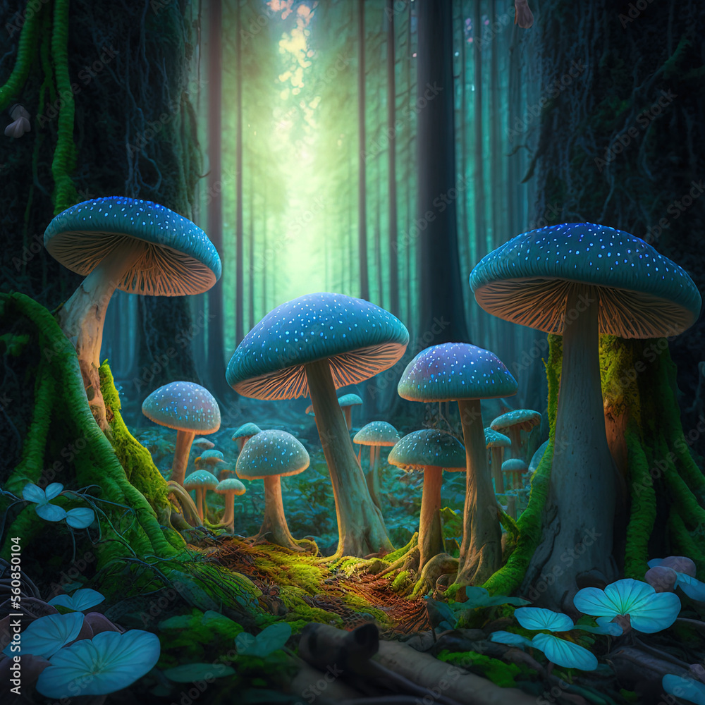 Luminescent mushrooms in a lush fantasy forest. Glowing mysterious mushrooms. Illustration, generated art