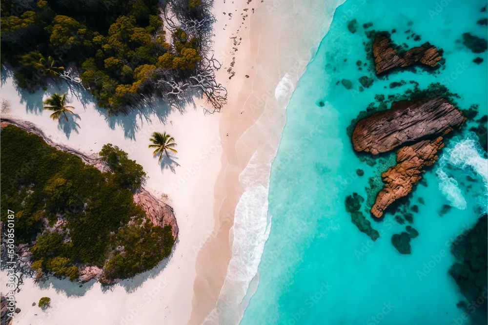 aerial view of a secluded beach, with crystal clear water and white sandy shores, generative ai