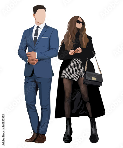 Fashionable and stylish young couple in flat style isolated on white background. Beautiful guy and girl in warm clothes.