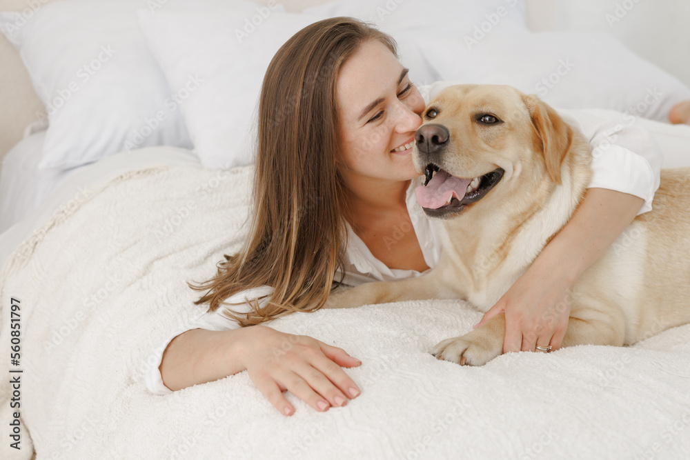 girl in white clothes with dog labrador playing at home girl in white clothes with dog labrador playing at home