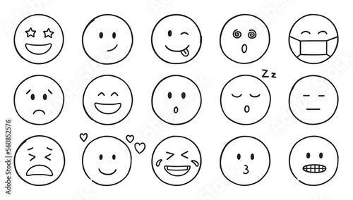 Emoji doodle icons. Set of happy, sad, smiling faces. Funny emoticons in sketch style. Hand drawn vector illustration isolated on white background
