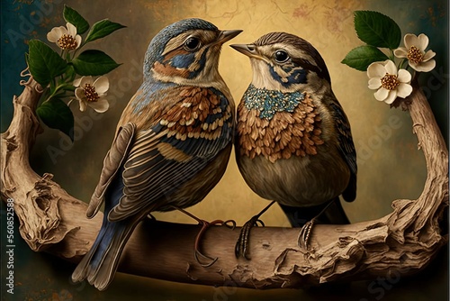 Two Songbirds on a Branch, AI Generated Image of Two Lovebird Soulmates photo