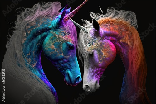 Unicorn Soulmates in Love, Machine Learning Generated AI image of Two Unicorns