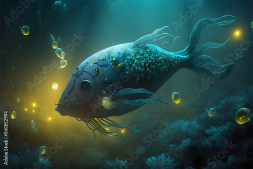 Deep-sea luminous fish in a fabulous underwater world. © Pippa