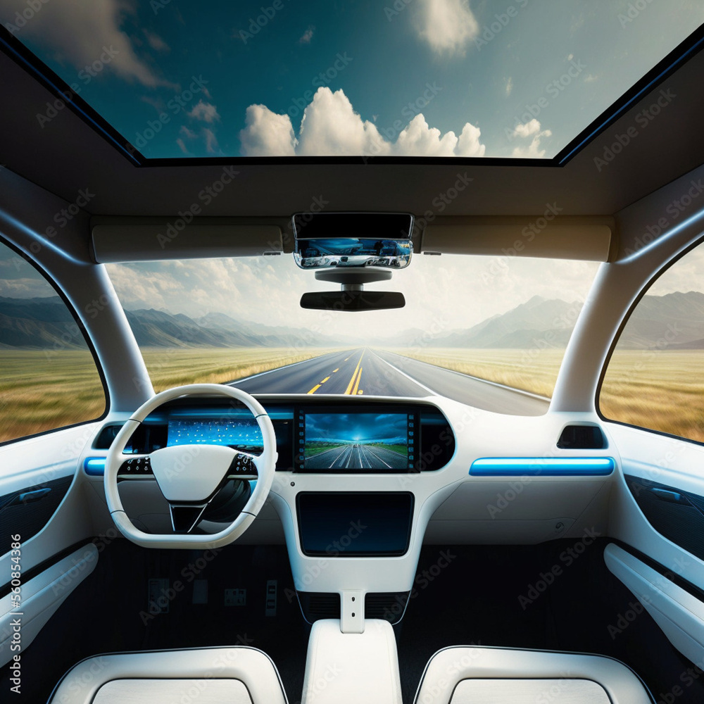 Interior of a modern autonomous car. Generative AI.