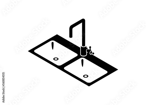 Kitchen sink in isometric view. Simple illustration in black and white.
