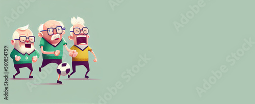 Happy elderly men playing football with copy space. Generative AI.
