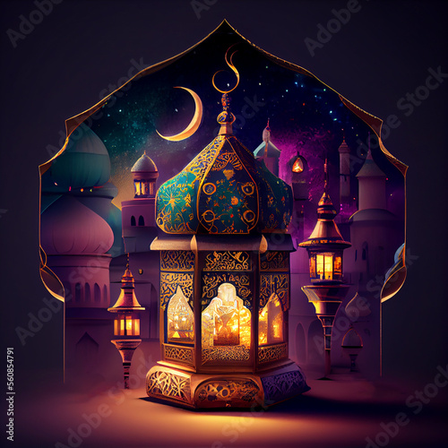 Ramadan symbol lamp with night city. Generative AI.