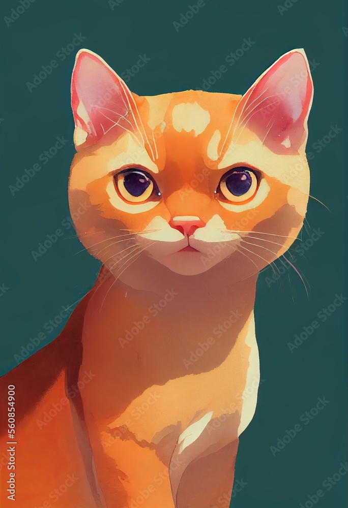 Funny adorable portrait headshot of cute kitten. Burmese cat breed kitty, standing facing front. Looking to camera. Watercolor imitation illustration. Ai generated vertical artistic poster.