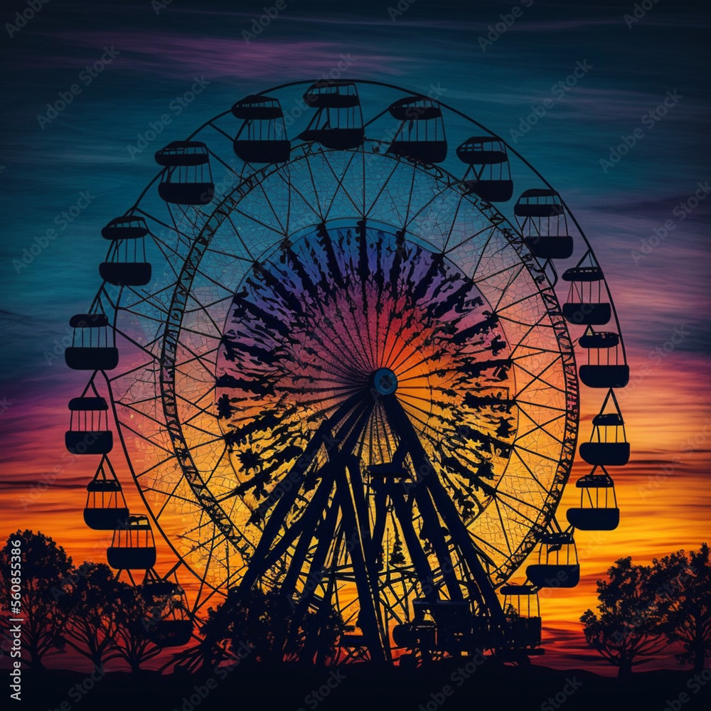 Ferris wheel at sunset. Generative AI.