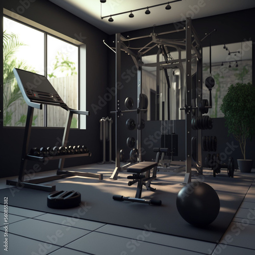 Interior of a gym with gym equipment. Generative AI.
