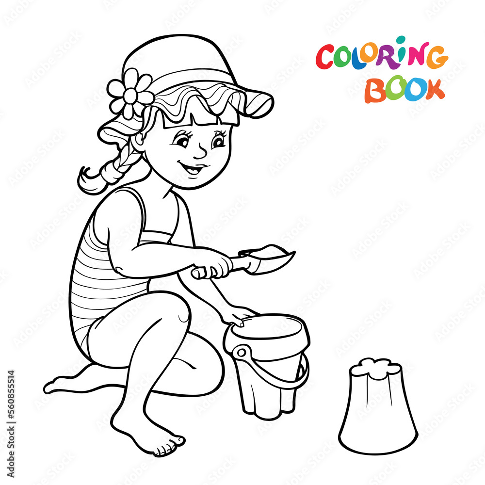 Coloring page. A happy girl in panama hat play in the sand and toys.