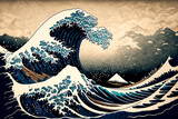 The great wave off kanagawa painting reproduction. Old Japanese artwork with big wave and mountain Fuji on the background.