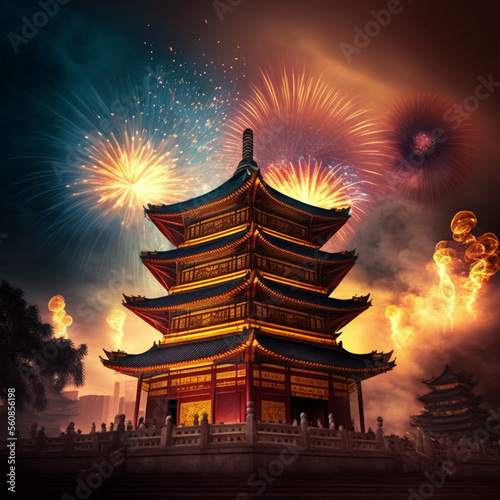 Building with Chinese architecture during Chinese New Year with fireworks. Generative AI.