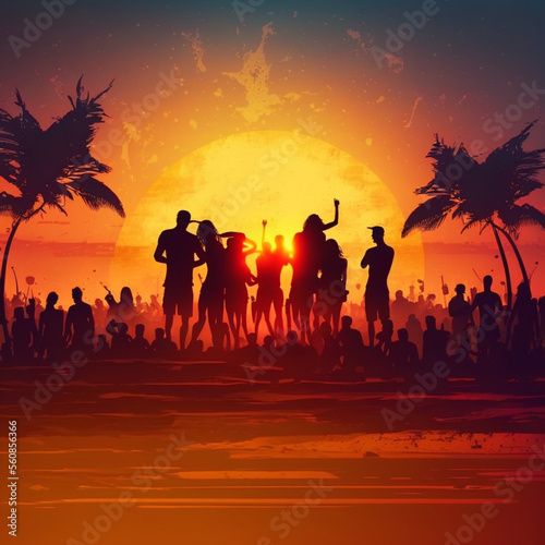 Illustrations of a group of people at a summer party at sunset. Generative AI.