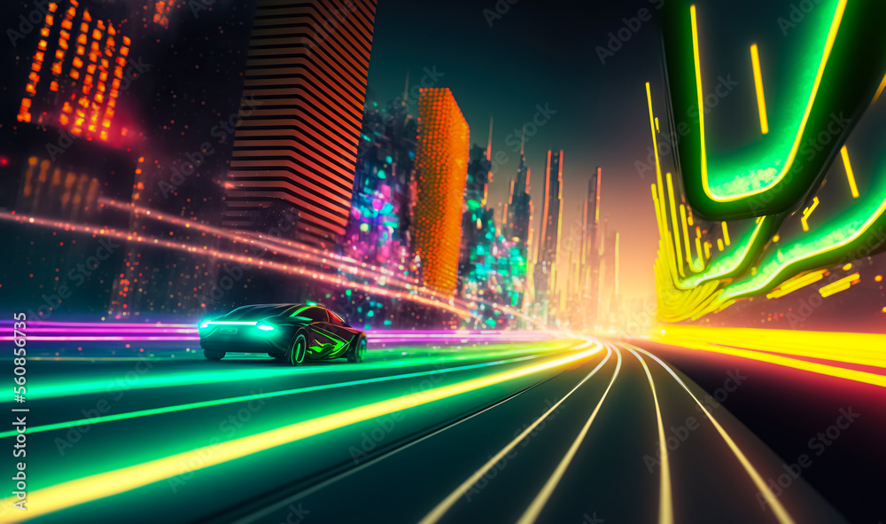 Fototapeta premium Speeding Sports Car On Neon Highway. Powerful acceleration of a supercar on a night track with colorful lights and trails. Lights of cars with night, long exposure. 