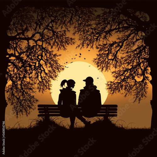 Couple in love sitting on a bench at sunset. Generative AI. © DALU11