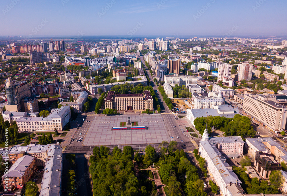 Aerial summer view of city center and Lenin square in Voronezh, Russia