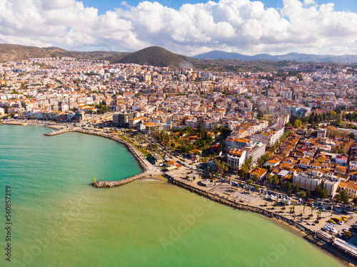 View of the resort town of Kusadasi and the Aegean Sea.