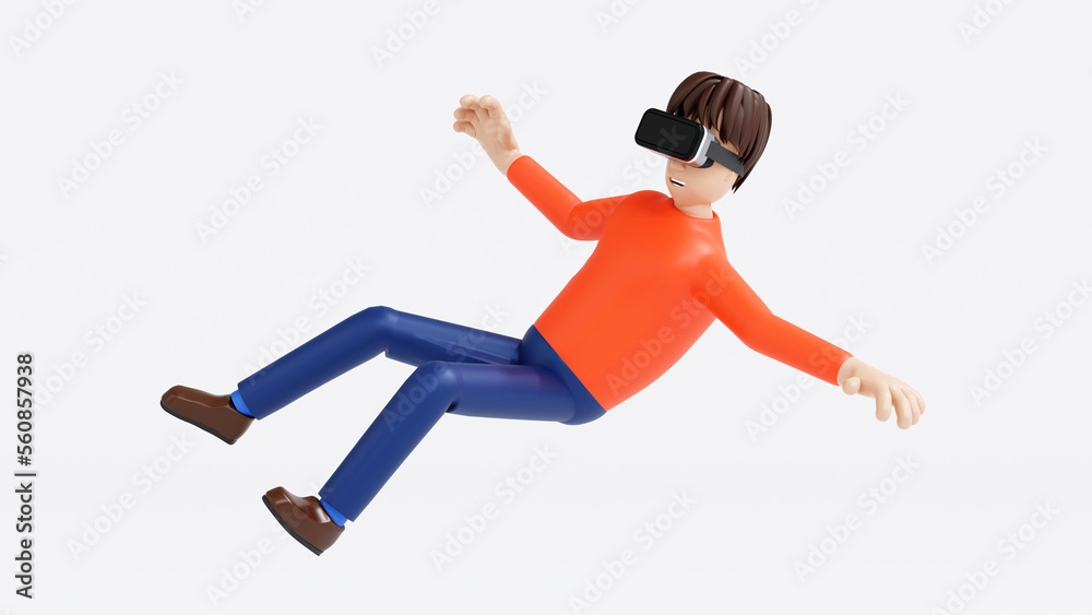 Man enjoy virtual reality with VR glasses and levitation in air, technology and gamming, 3D rendering cartoon character. Man enjoy virtual reality with VR glasses and levitation in air, technology and gamming, 3D rendering cartoon character.