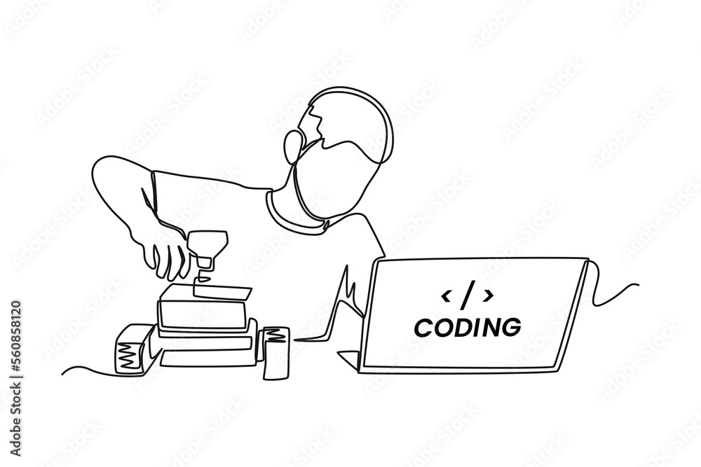 Continuous one line drawing boy kid programmer makes programming language code in front of the laptop. Programming code concept. Single line draw design vector graphic illustration.