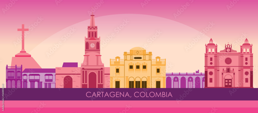 Sunset Skyline panorama of city of Cartagena, Colombia - vector illustration