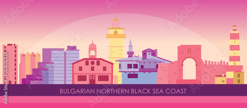 Sunset Skyline panorama of Bulgarian northern Black sea coast  - vector illustration

