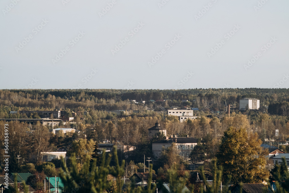 View of a small town, surrounded by forest and nature. City landscape.