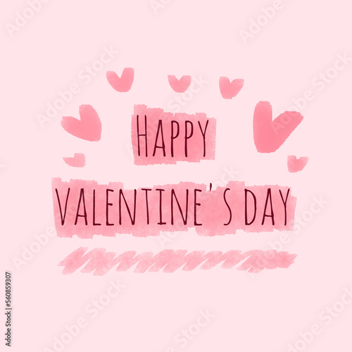 Happy Valentine's Day quote saying text as romantic gentle elegant design for card, postcard, postal with pink background and hand drawn cute sweet little illustrations and elements