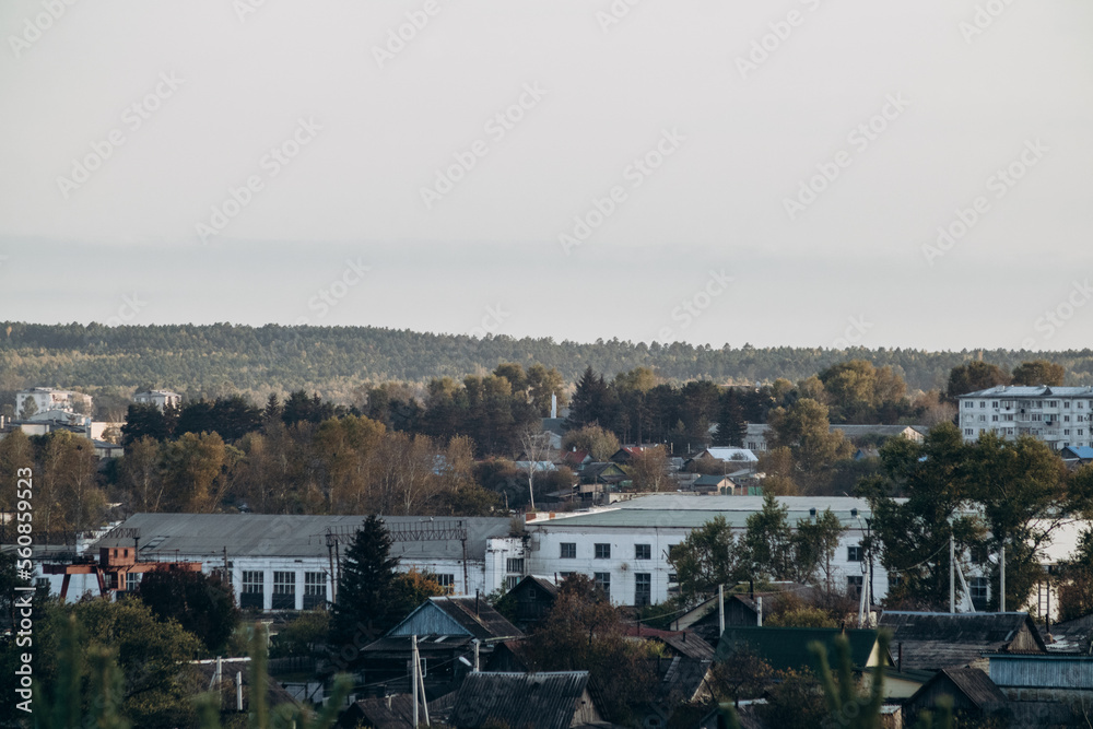 View of a small town, surrounded by forest and nature. City landscape. View of a small town, surrounded by forest and nature. City landscape.