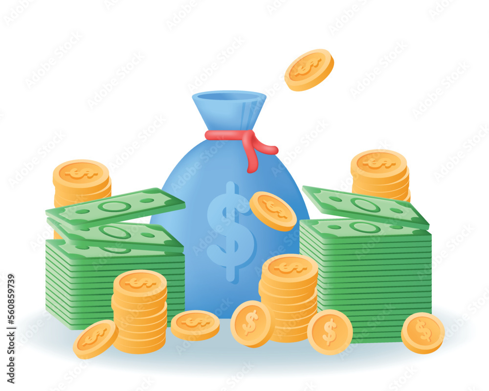 Stacks of banknotes, Money bag and gold coins. Cash, save money, banking, business and finance 3d concept vector illustration isolated on white background. Stacks of banknotes, Money bag and gold coins. Cash, save money, banking, business and finance 3d concept vector illustration isolated on white background.