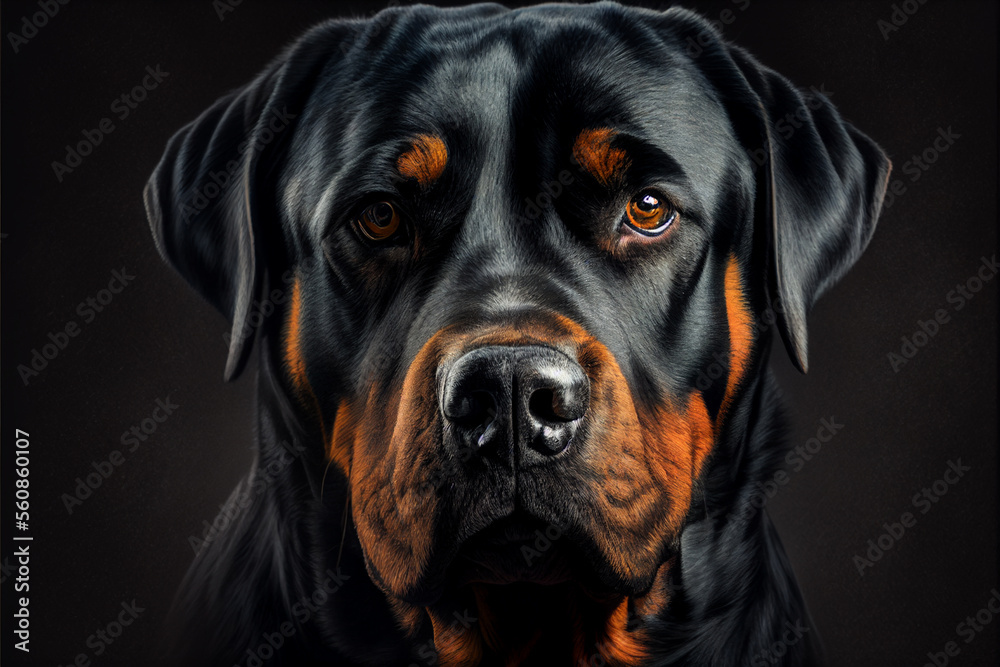 Obraz premium Beautiful Rottweiler dog portrait looking at camera. Ai generated illustration.