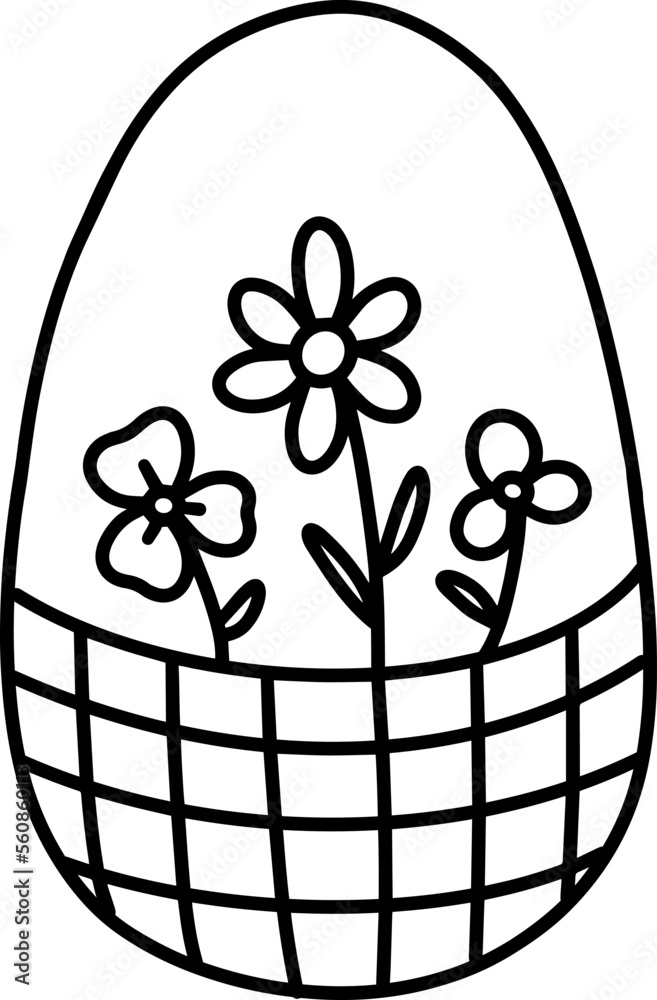 Easter egg with flowers in basket in line style Easter egg with flowers in basket in line style