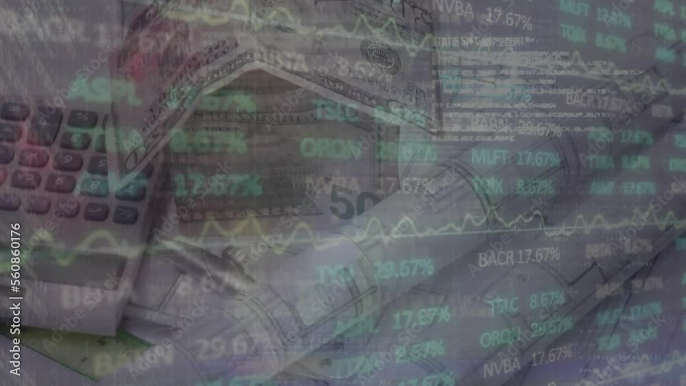 Animation of financial data processing over banknotes and plans Animation of financial data processing over banknotes and plans