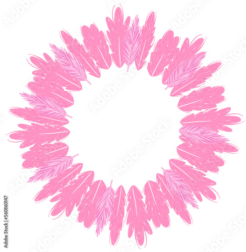 Cute pink frame with flamingo feathers. Vector cartoon illustration