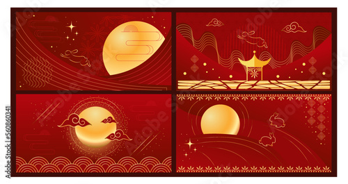 Set of holiday greeting covers. Concept Chinese lunar new year gold on red background. Design card, flyer, banner, social media, calendar, poster, post. 